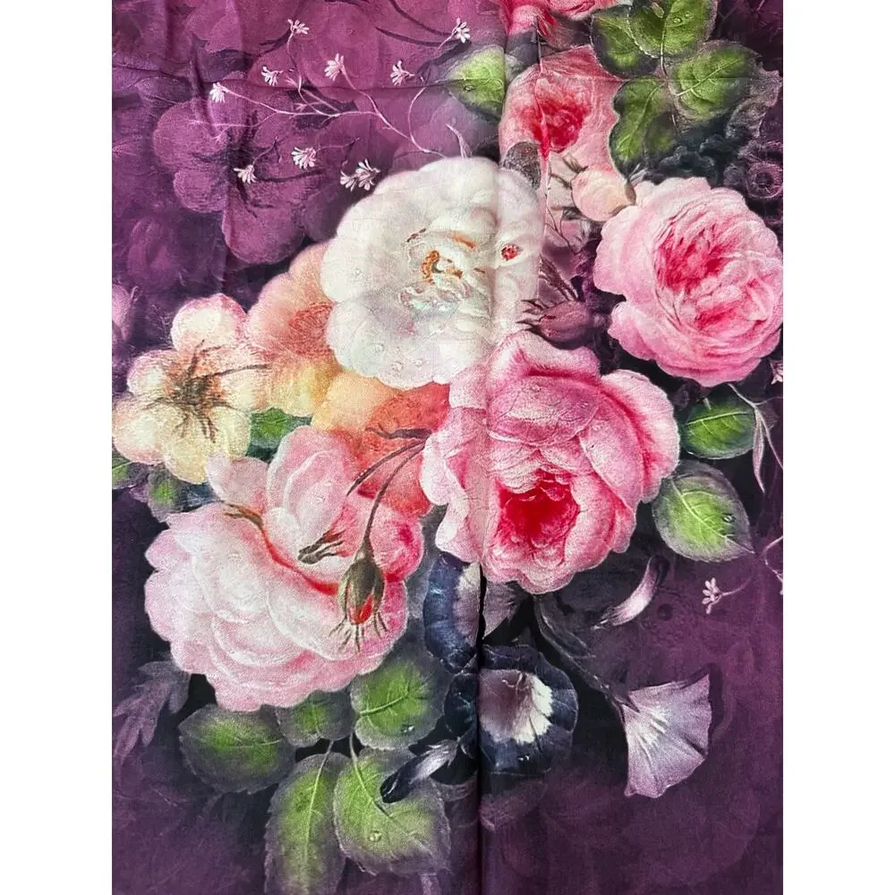 100% Silk Purple Floral Scarf Hand Rolled Roses 20 x 68 Lightweight Luxury Wrap